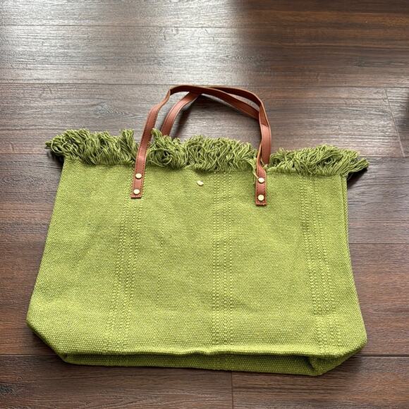 Green Fringed Tote Bag with Brown Handles - Picture 5 of 6
